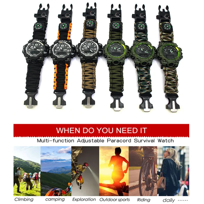 New Outdoor Multi-function Survival Watch EDC Camping Hiking Rescue Paracord Bracelet Equipment Tools Kits Luminous Watch Compas (6)