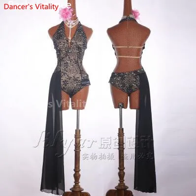 Кружевное платье с бриллиантами для латинских танцев, Женская Профессиональная юбка для латинских танцев, платье для самбы, латинских танцев, платья для латинских танцев, женское платье - Цвет: Черный