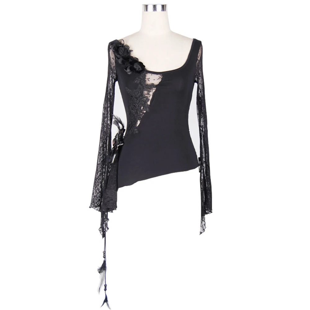 Camisa de Manga Gótico Feminino Assimetrial Preto Sexy Rendas Camisas Steampunk Retro Longa Transparente Festa Clubwear Camisa Topo 6 Moda Feminina