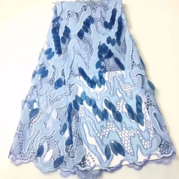 

2019 High Quality Royal blue French Net Lace Fabric african guipure lace fabric african gold thread tulle 3 D Big sequins fabric