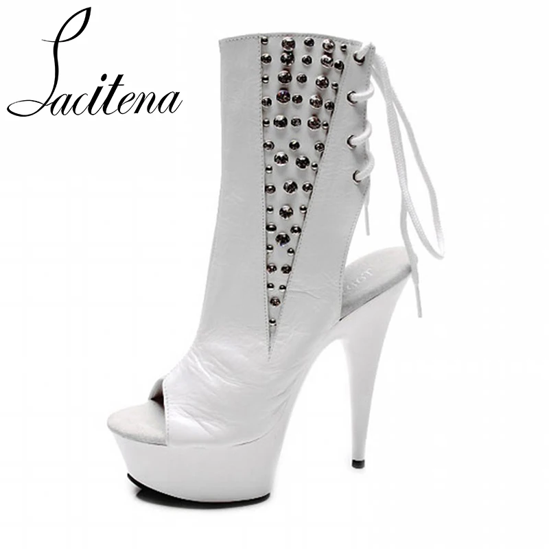 

Women Lace-Up Peep Toe Middle Heels Boots Platform Genuine Leather Boots