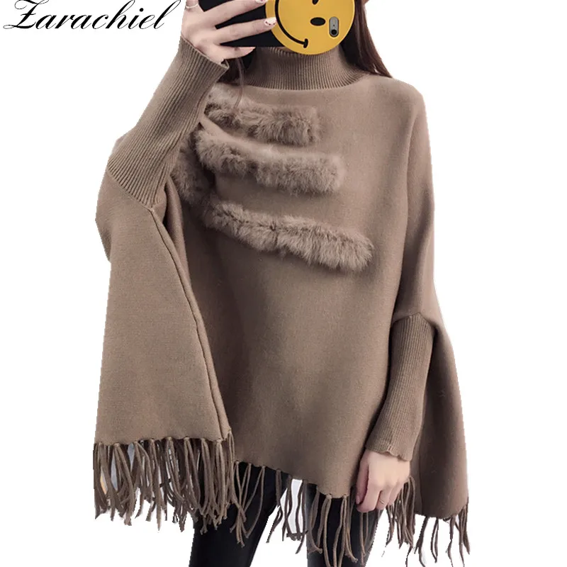 

Real Rabbit Fur Patchwork Cloak Turtleneck Pullover Cape And Poncho Shawl Fashion Tassel Women Autumn Winter Bat Sleeves Sweater