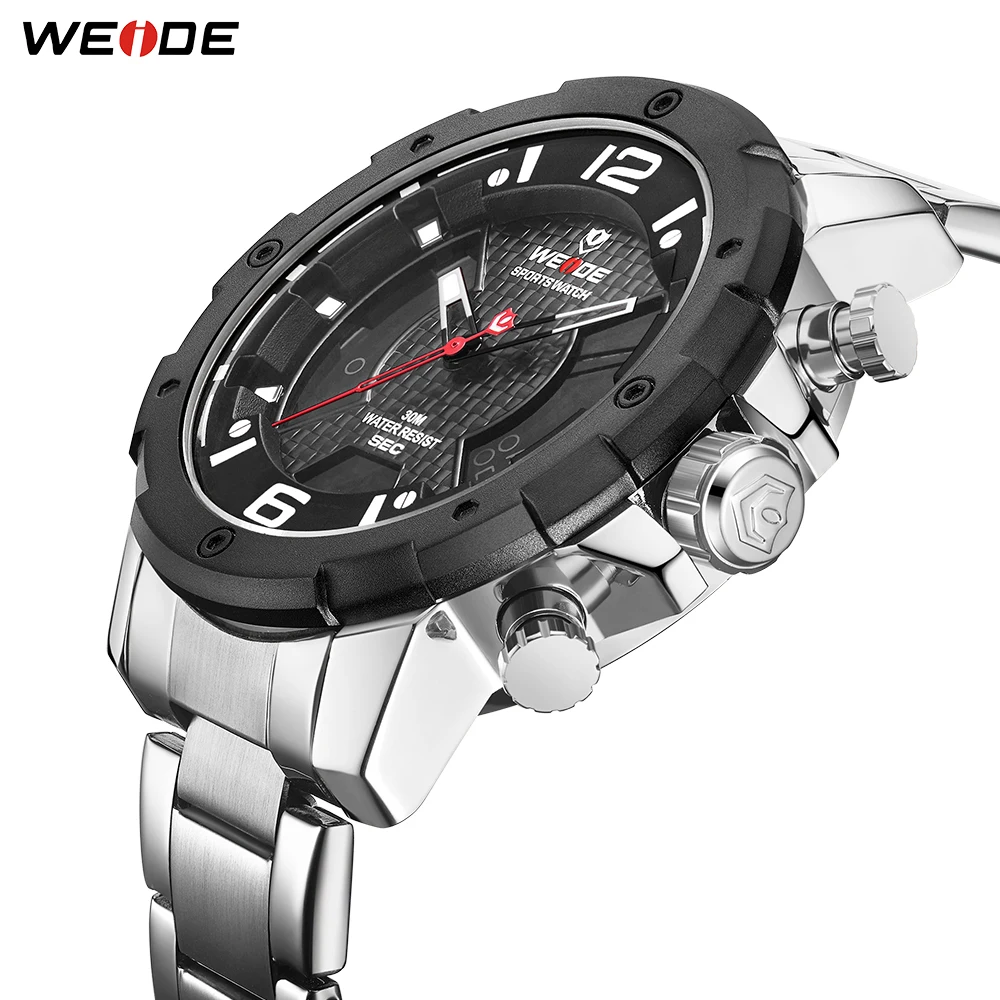

WEIDE Men Sports Fashion Model Analog LCD Quartz Movement Big Dial Stainless Steel Strap Analog Chronograph Clock Wristwatch