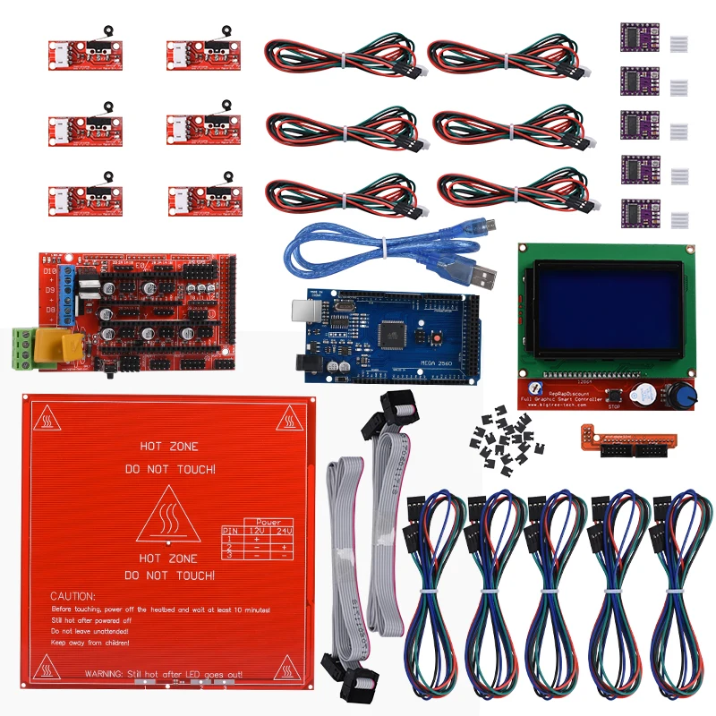 Комплект Reprap Ramps 1,4+ Mega 2560+ Heatbed mk2b+ 12864 ЖК-контроллер+ DRV8825+ механический оконечный упор+ кабели для 3D-принтера