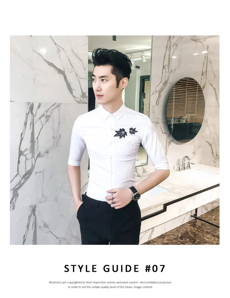 2019 Мужская рубашка с вышивкой высокого качества Camisa Masculina Blcak белая рубашка с коротким рукавом ночной клуб Chemise Homme уличная