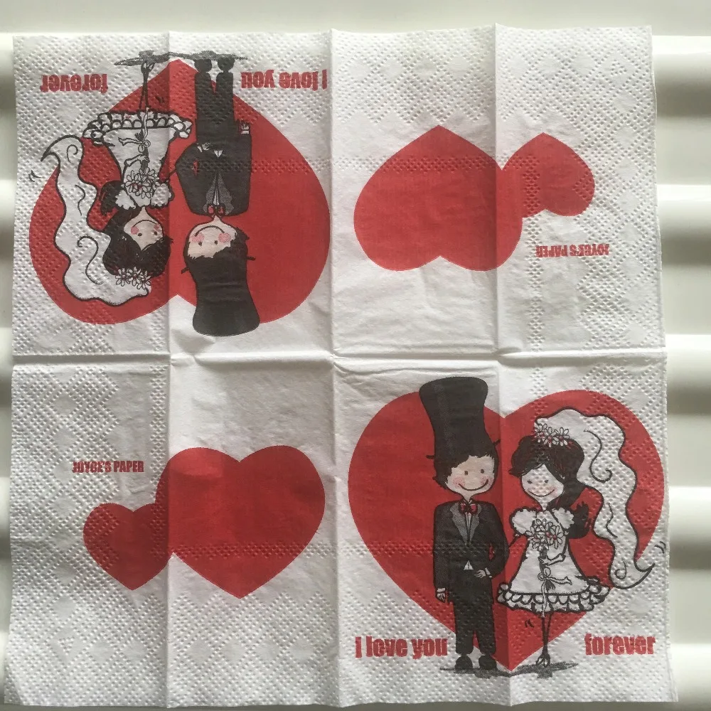 

vintage napkin paper tissue print red love heart bride groom for ever small handkerchief wedding serviette birthday party 4pack