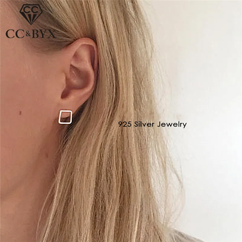 CC 100% Solid Silver 925 Stud Earring For Women Simple Hollow Out Quadrilateral Minimalist Fine Jewelry Brincos CCE514 | Украшения и