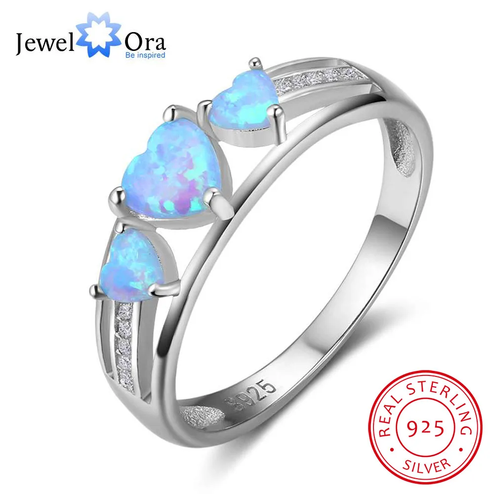 Women 100% 925 Sterling Silver Three Heart Blue Opal Stone