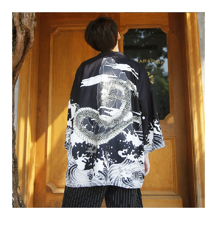 Плюс Размеры более Размеры d свободные с рисунком дракона кардиганы уличная летняя Солнцезащитная Накладка для машины до пальто куртки японские кимоно Топ Блузка