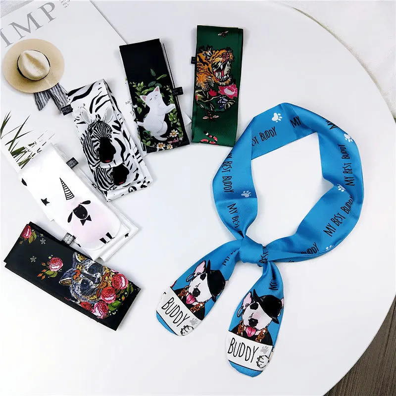

2019 New Cat Horse Dog Tiger Animal Print Neck Collar Scarf Women Long Skinny Hair Headband Beach Scarfs Silk Handbag Scarves