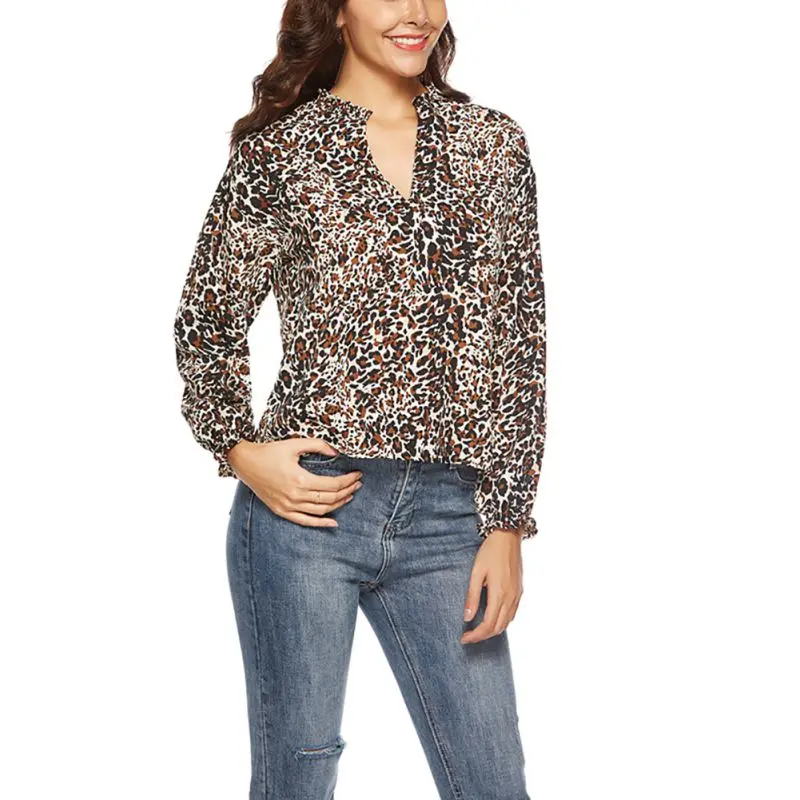 

Autumn Chiffon Casual Shirt Women Europe V-Neck Leopard Printed Chiffon Long - sleeved Blouse