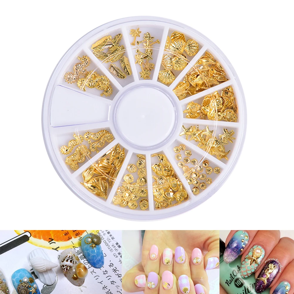 1 Wheel DIY Manicure Jewelry Gift Ocean Life Serie Golden Glitter Horse Starfish Shell Metal