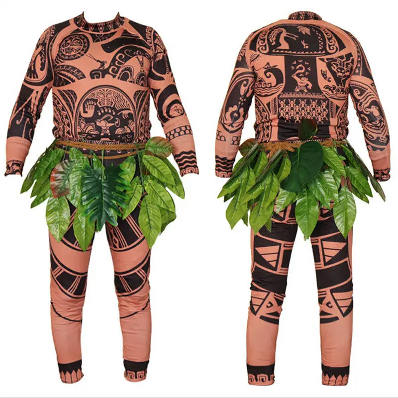 

3PCS Moana Maui Tattoo T Shirt+Pants+Skirts Halloween Adult Mens Cosplay Costume Novelty father and son Cosplay Costume