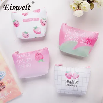 

Dropshipping Sweet Strawberry Leather Coin Purse Women Pink Pu Short Wallet Girls Coins Storage Key Cards Bag