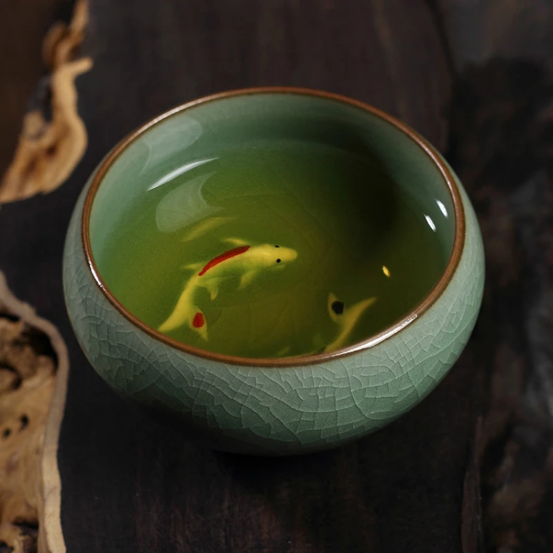 

2018 China Longquan Celadon Fish Teacups Caneca China Porcelain Tea Cups Crackle TeaPot Kungfu Pu'er Tea Traditional Art Koi 3D