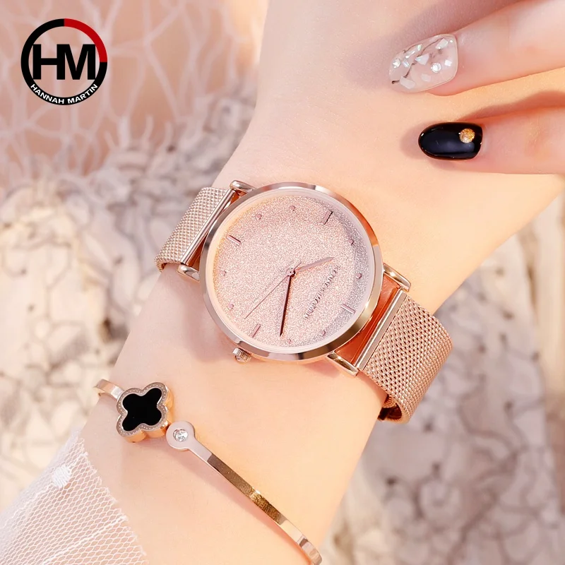 

Hannah Martain Women Stainless Steel Mesh Watch Top Brand Quartz Movement Water Proof Ladies Rose Gold Dropshiping Relogio 745