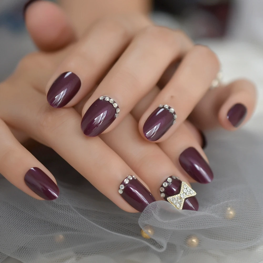 

2019 Fashion Dark Purple 3D Gems Bowknot French Fake Nails 24Pcs UV Gel Press on False Wear Nail Art Free Adhesive Tapes
