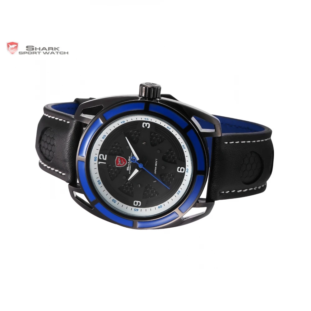 Thresher Shark Sport Watch Montre Homme Black Hollow Lug Blue Case Leather Band Strap Waterproof Quartz Mens Wristwatch / SH474
