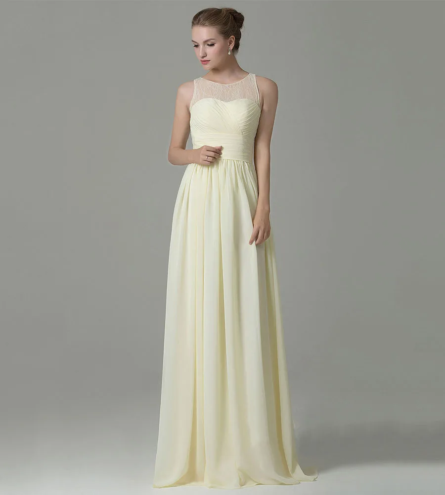 Elegant 2016 Light Yellow Lace Bridesmaid Dresses with Pleated Waist A