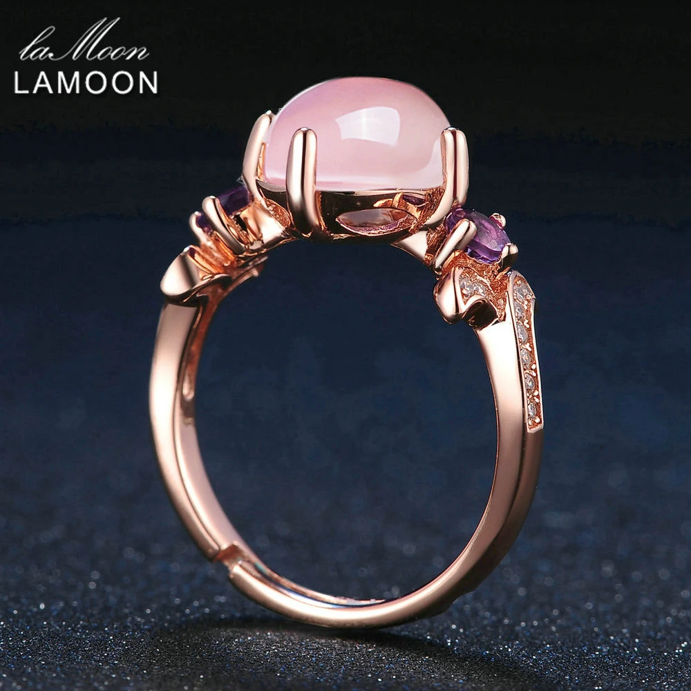 LAMOON Princess Pink Rings For Women 8x10mm 100% Natural Oval Rose Quartz Gemstone 925 Sterling Silver Fine Jewelry RI017