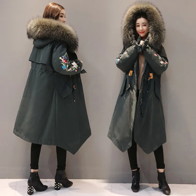Зимняя куртка для женщин натуральный мех воротник мужские парки вышивка с капюшоном Стеганое пальто теплый Fit Abrigos Mujer Invierno 1636