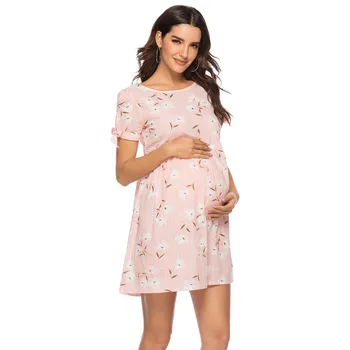 

Women Maternity Cotton Blended Short Sleeve Floral Print Maternity Dress O-neck Casual