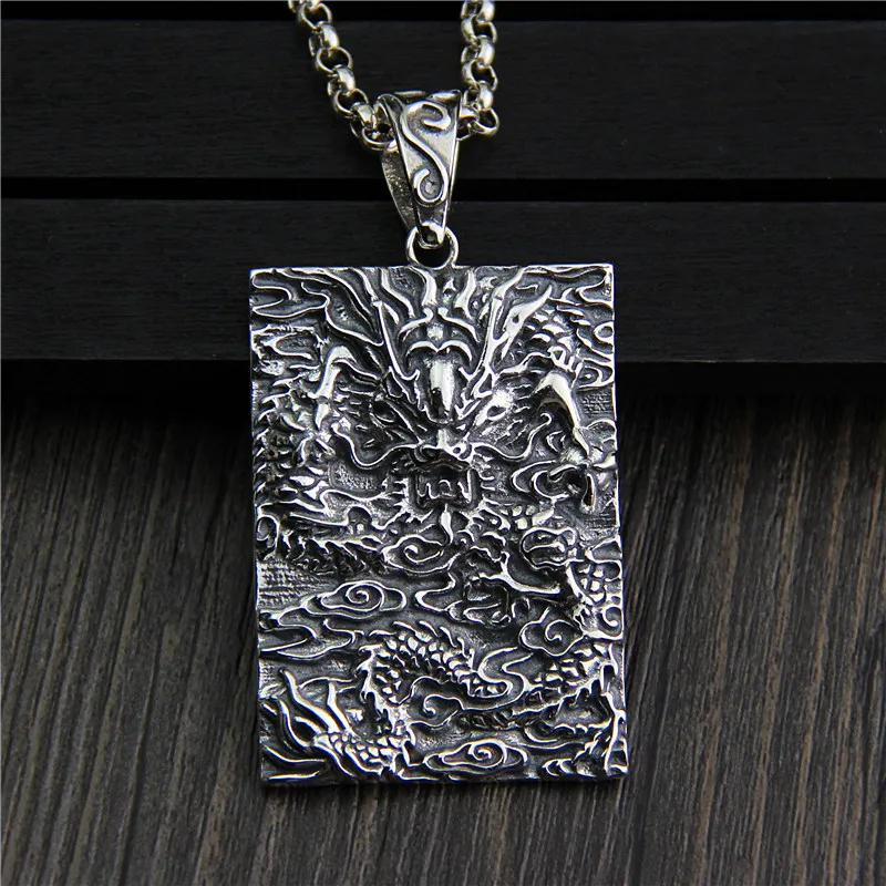 

C&R Real 925 Sterling Silver pendant Necklace Retro men's rectangle dragon letter Chinese pendant Thai Silver Fine Jewelry