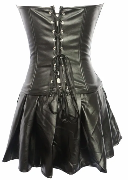New Female Sexy Mistress Leather Front Zip Boned Corset Bustier with Hollow Out and Skirt Fetish Wear