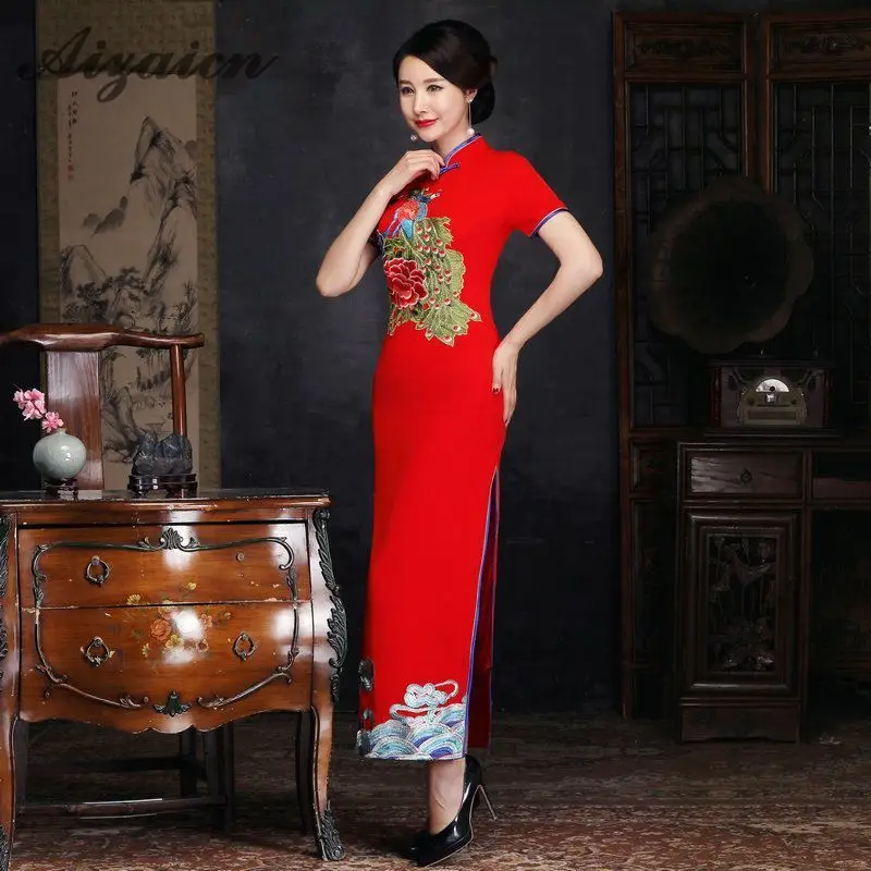 Китайский невесты Cheongsam длинное платье современное Ципао красный кружево Тонкий Винтаж модные принты Платья вечерние партии Прополка