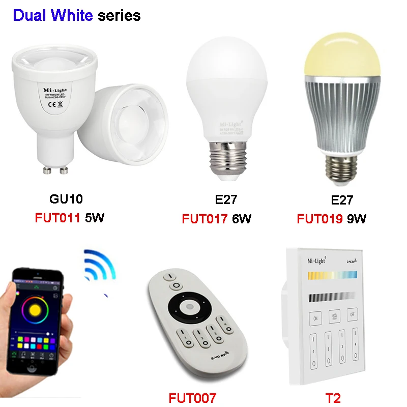 

Miboxer 5w 6W 9W GU10 E27 Color Temperature LED lamp Dual White Spot light AC100~240V FUT011/FUT017/FUT019/FUT007/T2 2.4G Remote