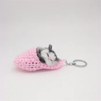 

New fashion Cute Sleeping Cat Pompom Keychains Girls Handmade Woven Shoes Faux Rabbit Fur Kitten KeyChains Fluffy Car Key Rings