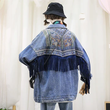 

Denim women jacket new spring vintage floral Embroidery Suede fringe loose coat long sleeve Outerwear female boho jacket