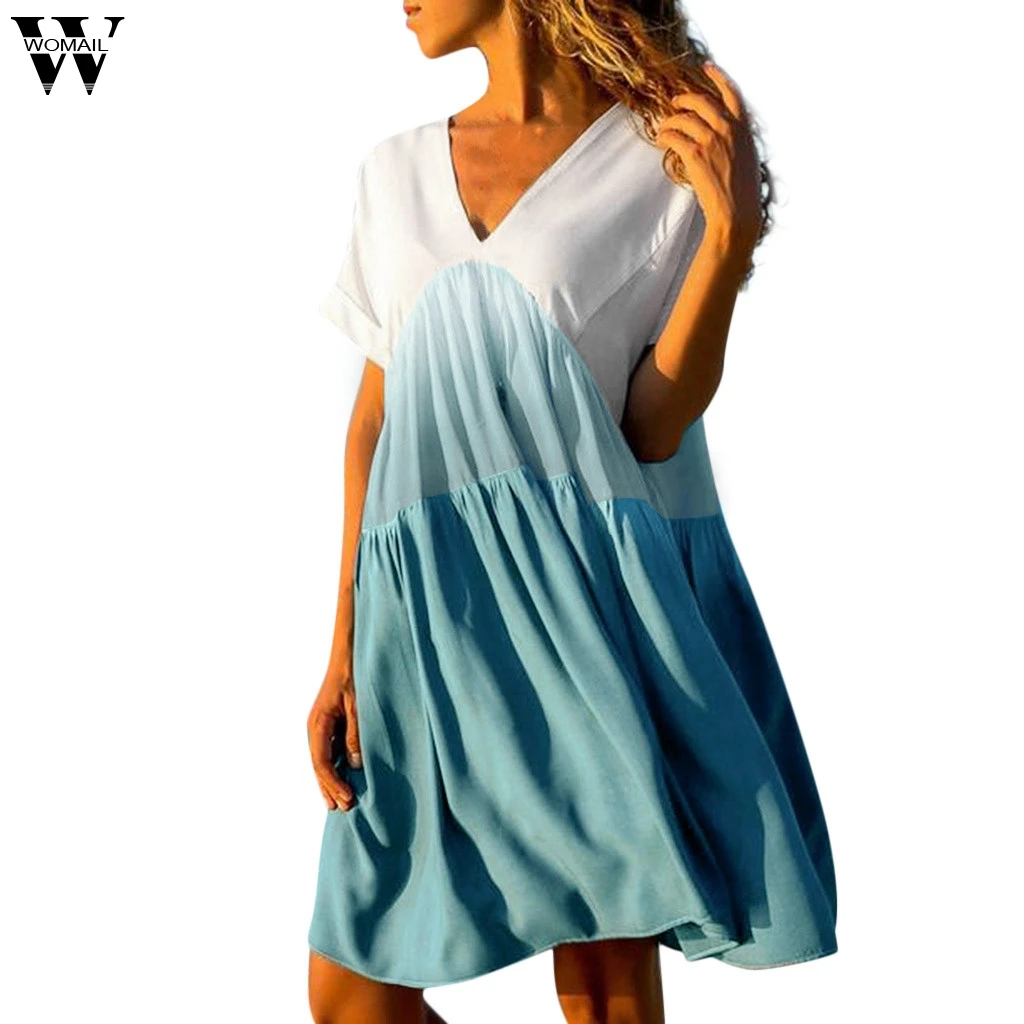 

Womail Women Dress Summer Dresses Fashion Casual Patchwork Gradient Color V-neck Short Sleeve Ruffled Loose Dress 19 May16