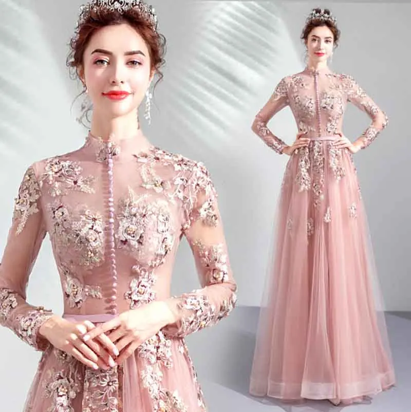 

Large Size 5XL Luxury Pink Dress Mandarin Collar Mesh Long Sleeve Red Carpet Formal Evening Party Dress For Lady Birday Gift 4XL