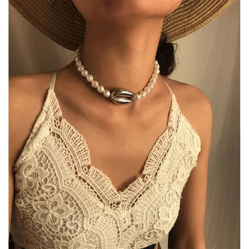 

Temperament Beaded Single Layer Wild Necklace Simple Geometrical Artificial Pearl Shell Necklaces Bracelet for Lady Women
