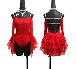 Дамы Латинской платье для танцев Конкурс Костюмов Salsa юбка производительность Услуги пикантные Красные кружевные бальные платье для
