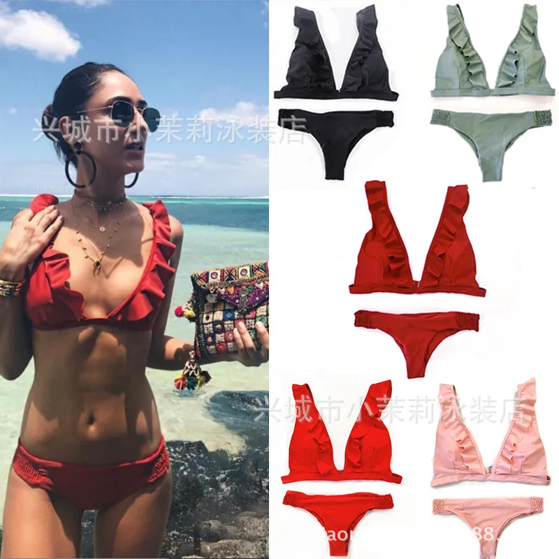 

Juventus 2019 solid simple Swimming Suit For Women Ruffle Bikini Set women low waist sexy swimwear 5 colors