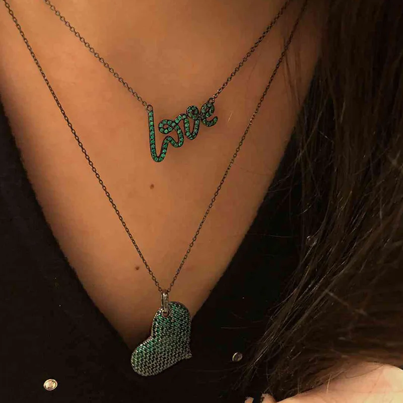 

Vintage Double Layer Antique Silver Chain Blue Crystal Love Heart Pendant Necklace Bohemian Trendy Choker Necklace Boho Jewelry