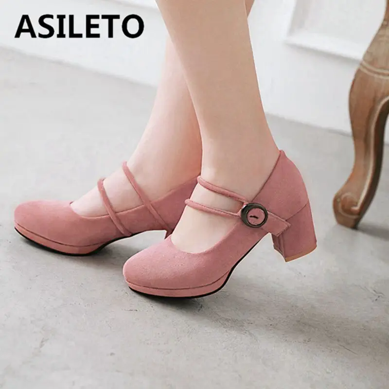 

ASILETO women pumps shoes platform mary janes block heels suede leather high heel pumps scrub round toe buckle office wedding