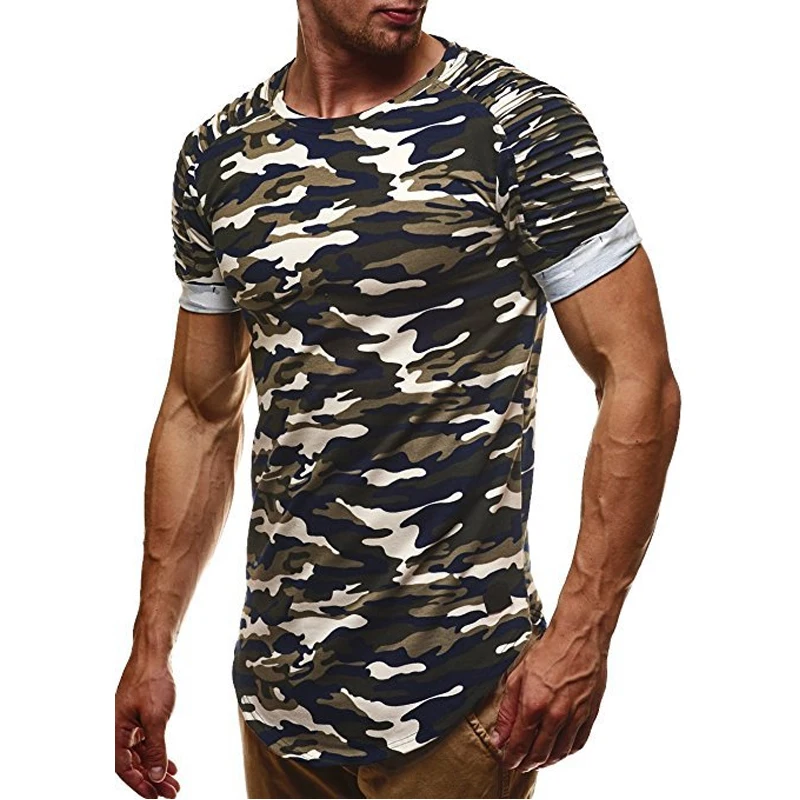 

BORRUIC 2019 Men Camouflage Slim Fit T Shirt Pleated Short Sleeve T Shirt Mens Camo Longline Curved Hem Hip HHop Casual T Shirts