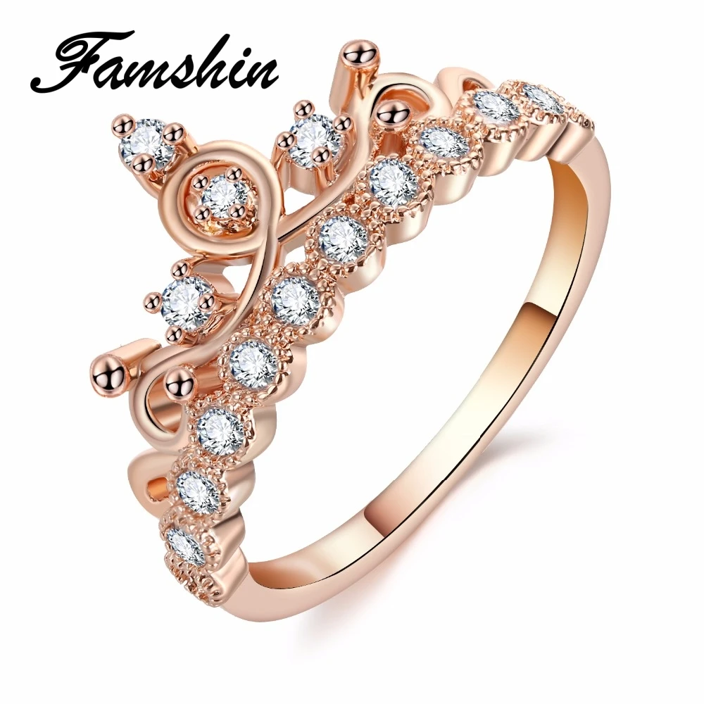 

FAMSHIN Exquisite Crown Shaped Ring Rose Gold Color CZ Rings for Women Fashion Queen Crown Rings jewelry Wedding Gift