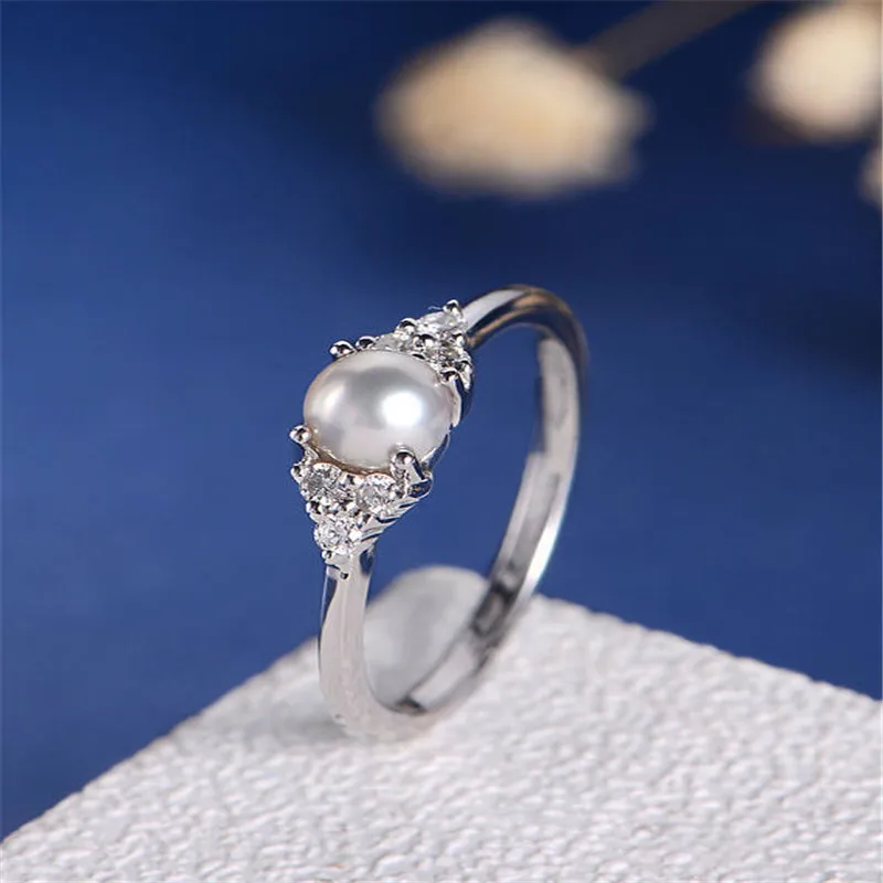 MDNEN Classic Simple White Pearl Ring Round Silver Ring For Women