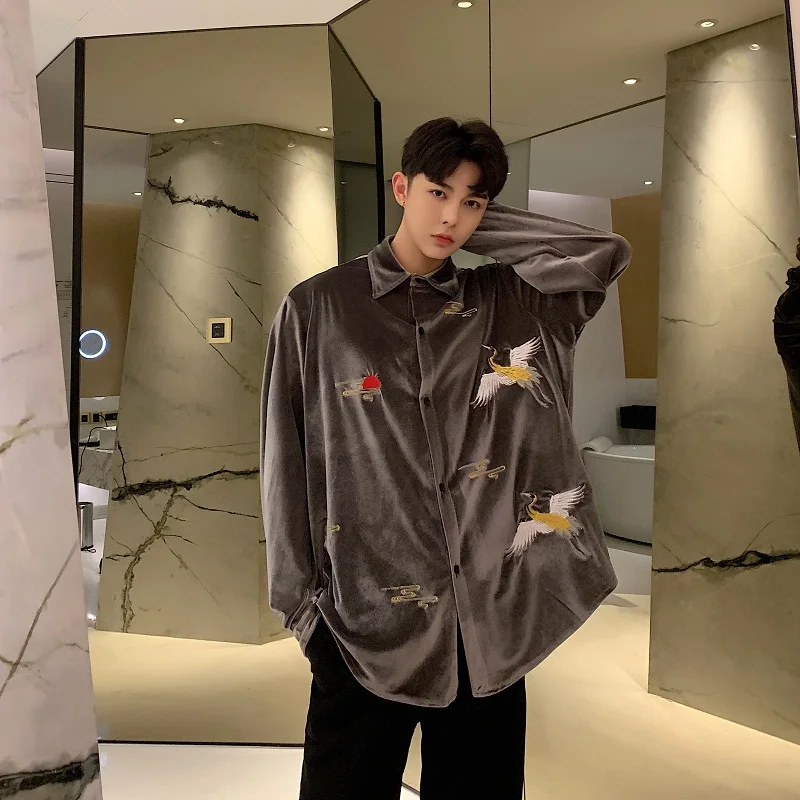 

Men Embroidered Velvet Casual Loose Long Sleeve Shirts Male Harajuku Streetwear Vintage Fashion Dress Shirts