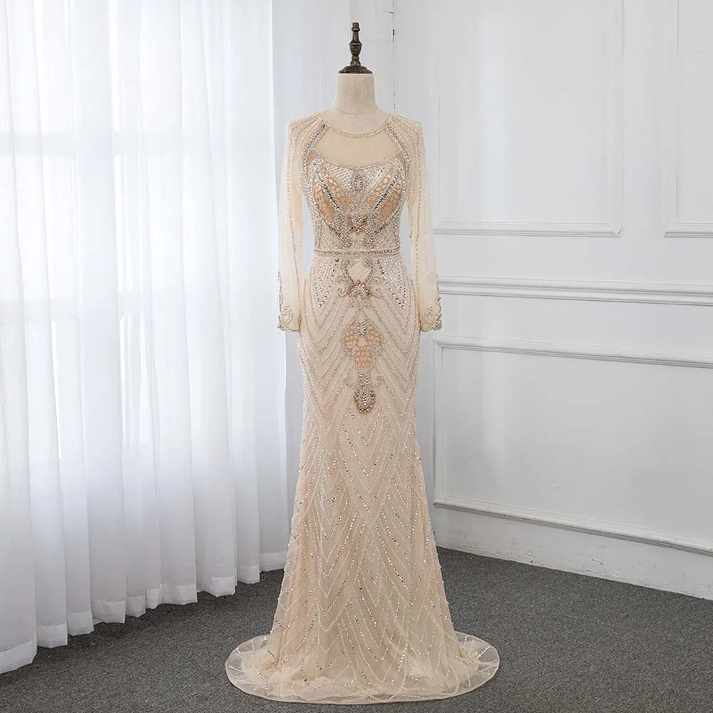 YQLNNE 2019 Luxury Champagne Rhinestones Evening Dresses Long Sleeve Formal Women Gown Mermaid Dress Robe de Soiree YQLNNE 2019 Luxury Champagne Rhinestones Evening Dresses Long Sleeve Formal Women Gown Mermaid Dress Robe de Soiree