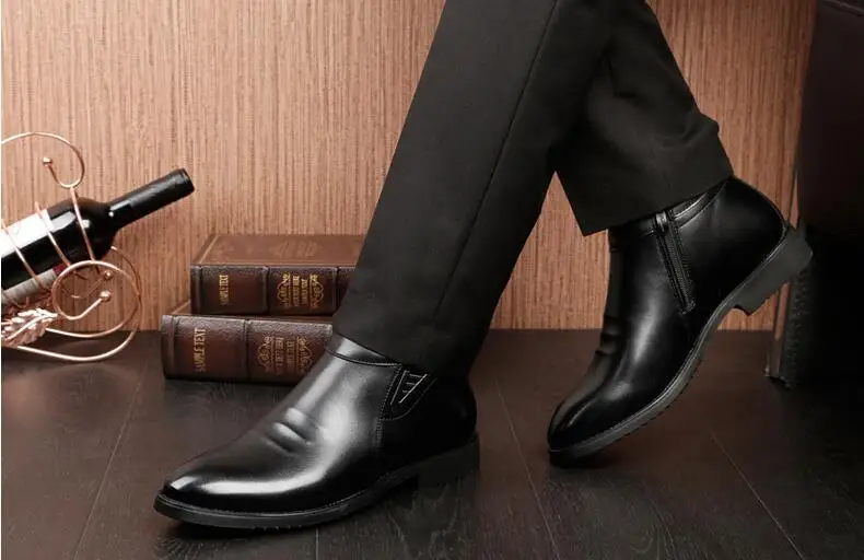 Monstceler/; зимние кожаные ботинки; мужская теплая обувь с высоким берцем; британский стиль; короткие плюшевые ботильоны; Мужская обувь в деловом стиле на молнии сбоку