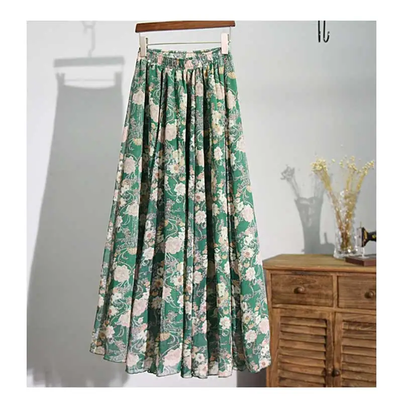 Элегантный Boho Винтаж Лето Взрослых Тюль Юбки Шифон Женщины Зеленый Цветочный Принт большой макси Юбка Пляжный Отдых 2016 Мода