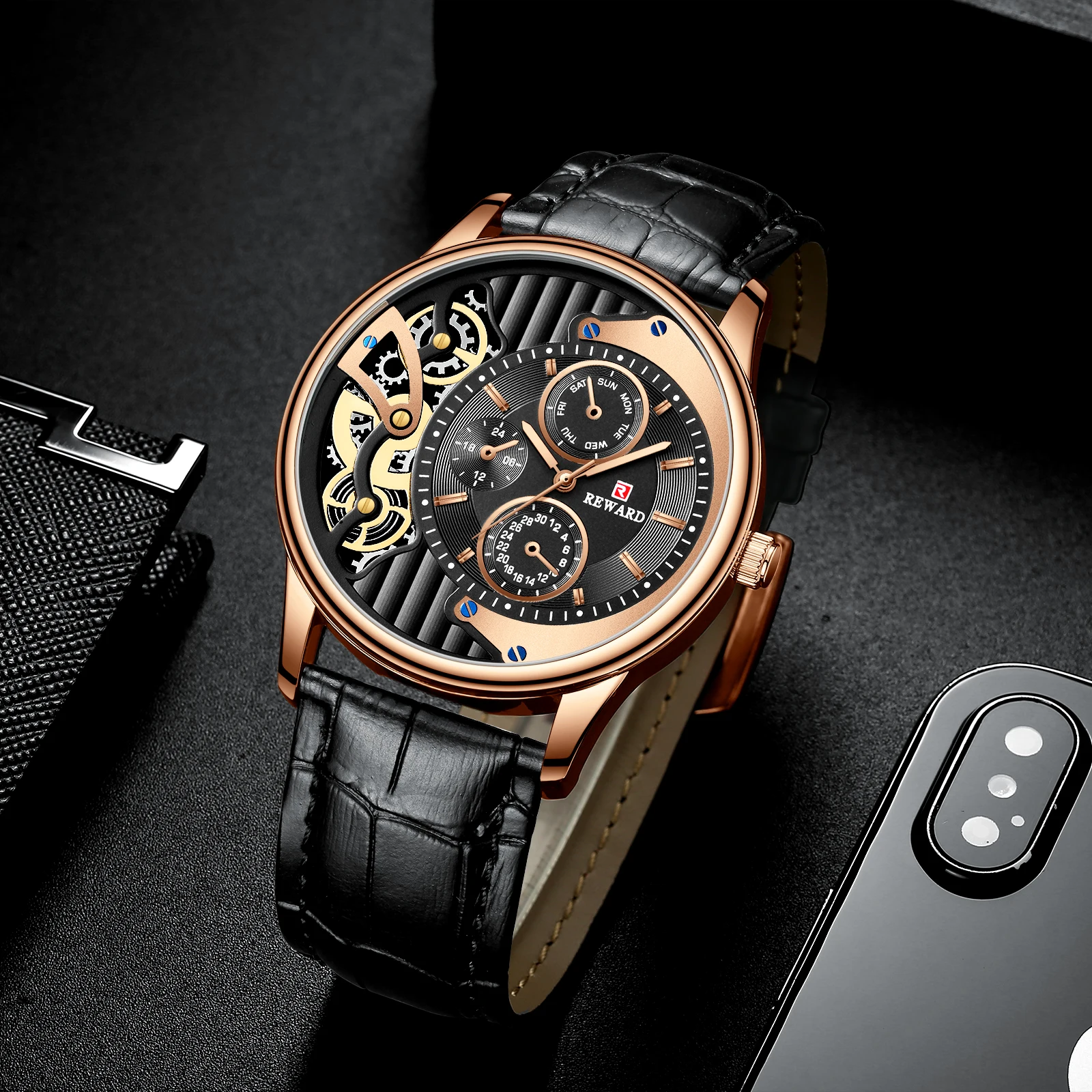

REWARD 2019 New Fashion Watch Men Quartz Skeleton Dial Mens Watches Top Luxury Brand Sub-dials Decoration Business Clock Relogio