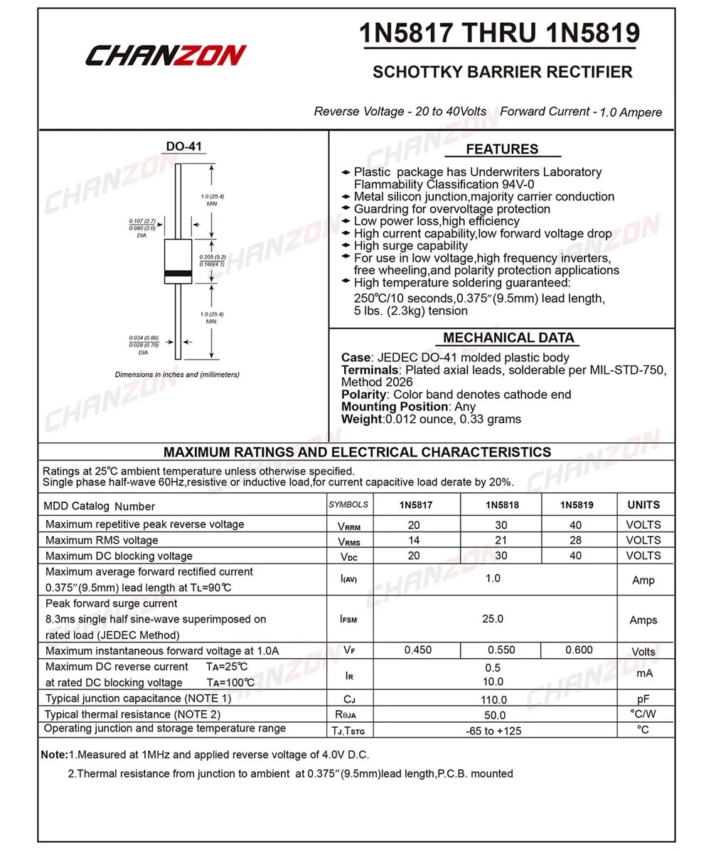 100 шт.) 1N5819 выпрямитель с барьером Шоттки Диоды 1A 40 V DO-41(DO-204AL) осевой 1N IN 5819 IN5819 1 Ампер 40 вольт