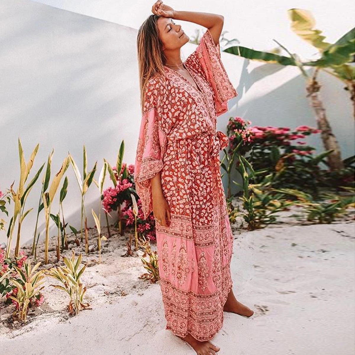 Jastie 2018 الصيف 3/4 كم الأزهار المطبوعة ماكسي كيمونو بوهو الهبي سترة سترة فضفاضة النساء قمصان بلوزة 2018 الشاطئ Blusa