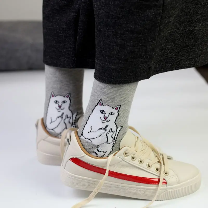 Унисекс, пара осенних длинных носков Harajuku Trick, смешная пародия, мультфильм, средний палец, плохой Кот, с буквенным принтом, хлопковые чулки